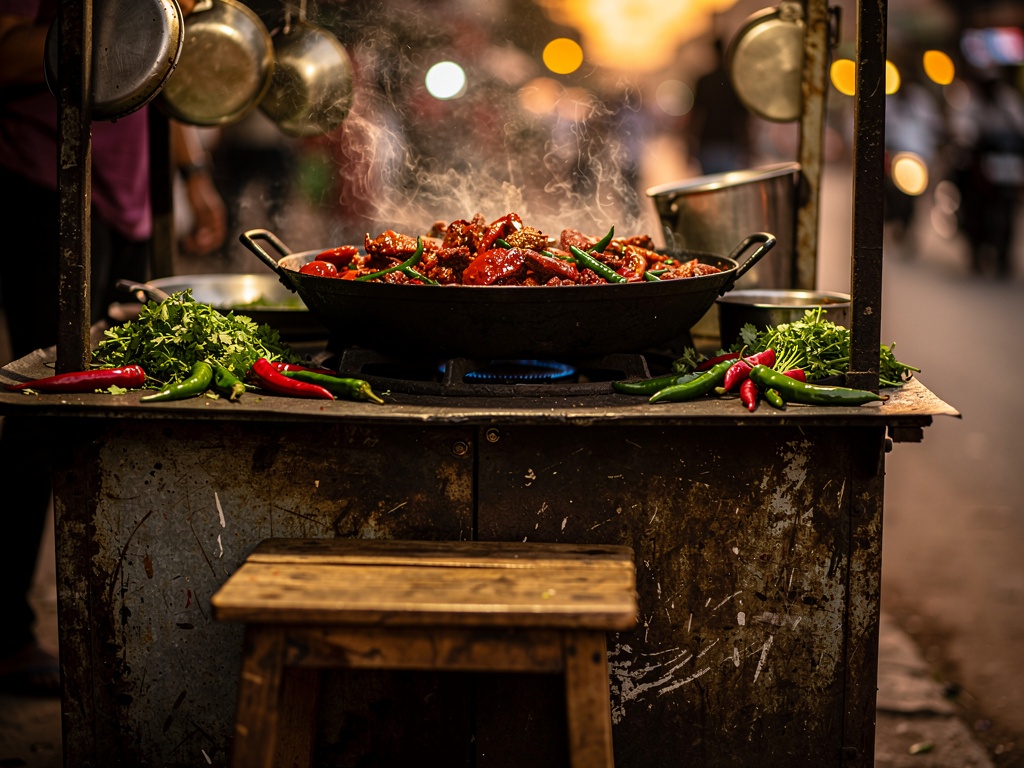A sizzling kadai of spicy curry at a Kolhapur street food stall