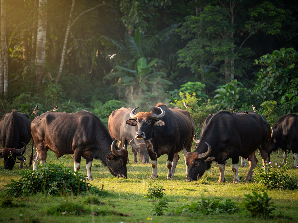 A herd of gaur grazing in a clearing in Radhanagari Sanctuary