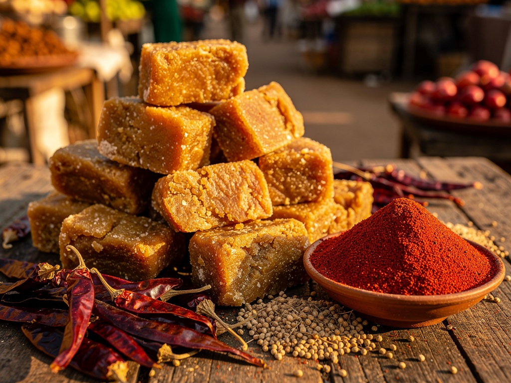 Golden jaggery blocks and a bowl of red Kolhapuri masala