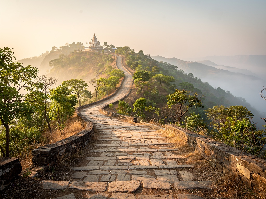 The winding road and stone steps climbing to Jyotiba Temple
