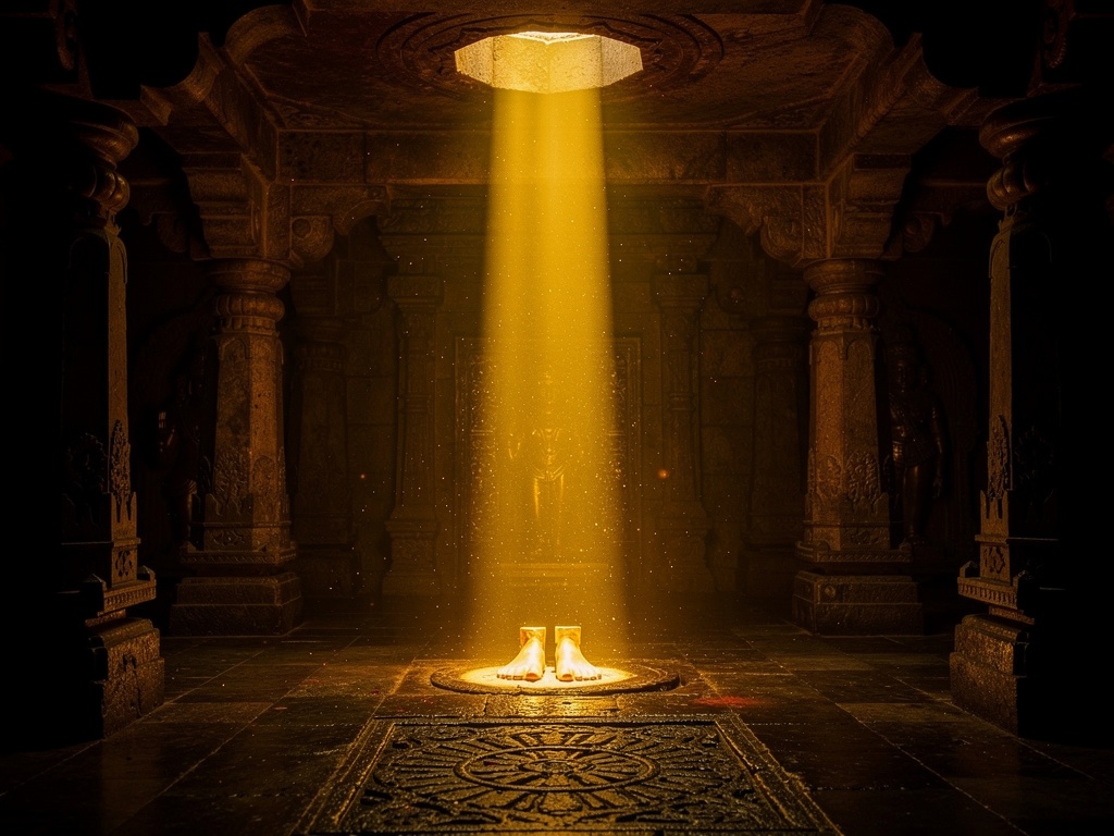 A shaft of golden sunlight falling inside the Mahalaxmi Temple sanctum