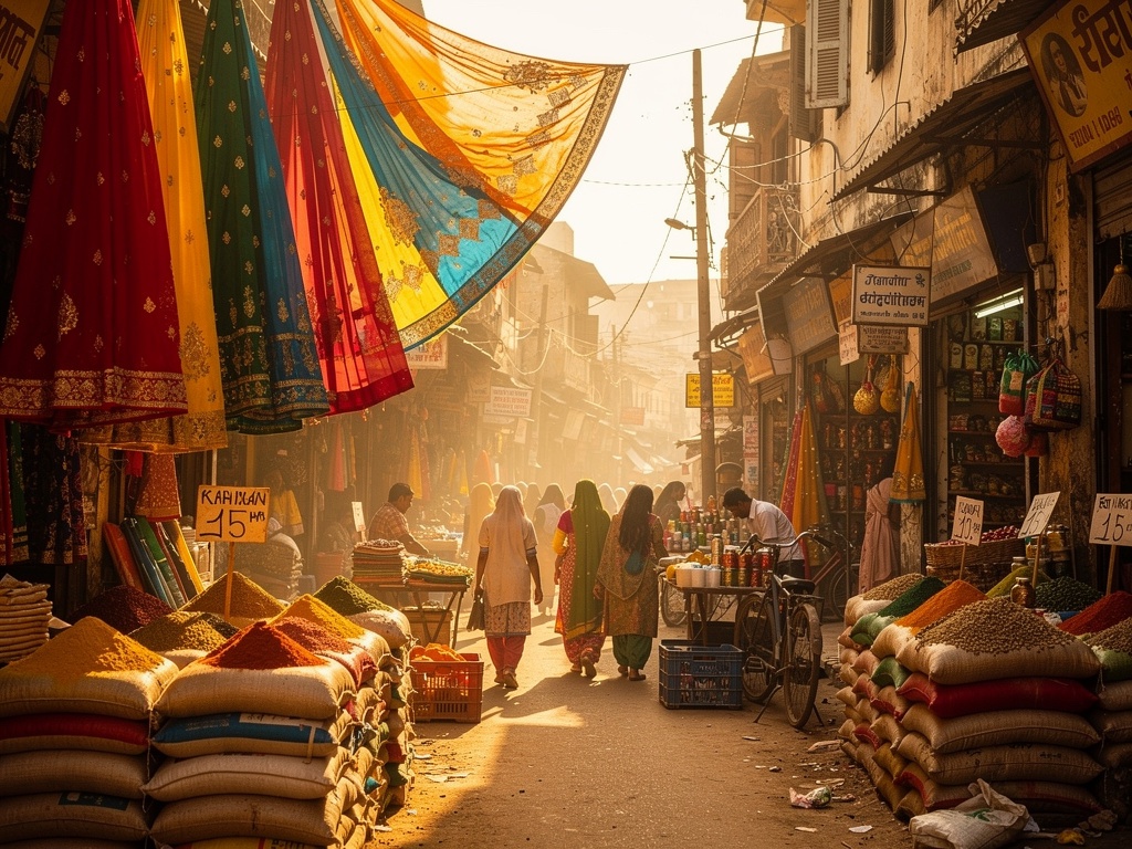 A busy Kolhapur bazaar street with fabric and spice shops