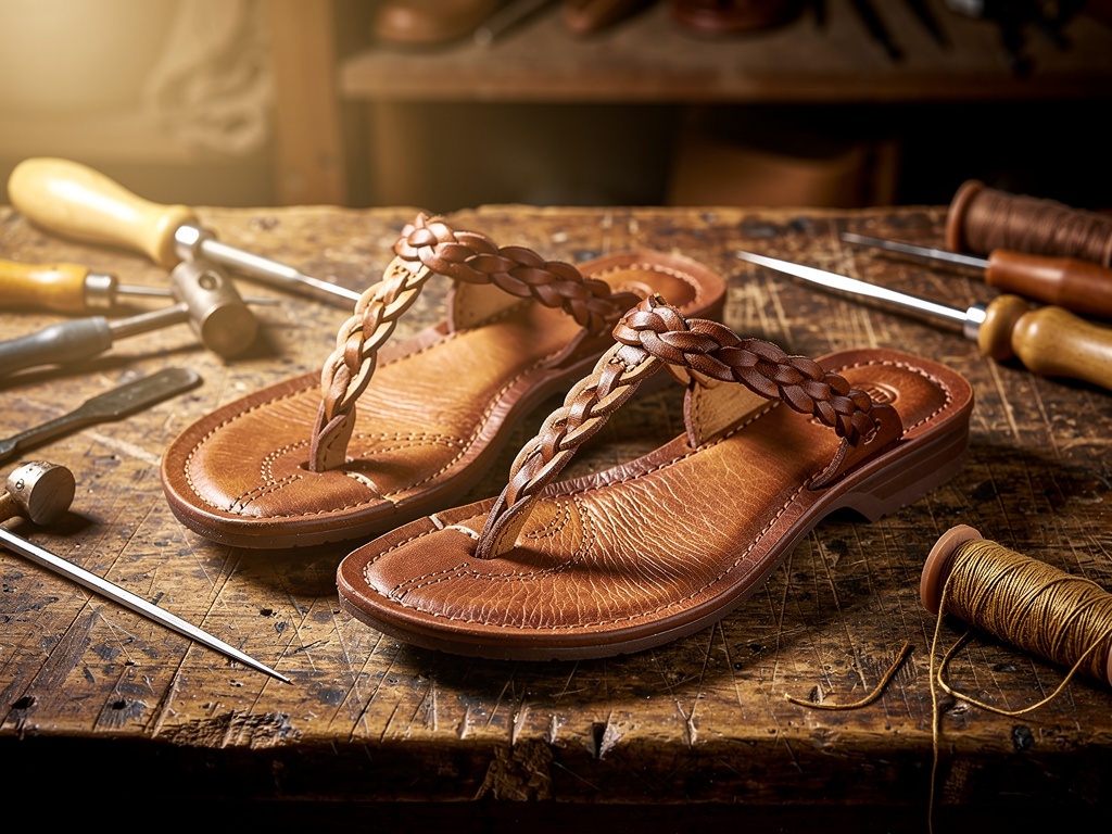 Handcrafted Kolhapuri chappals on an artisan workbench