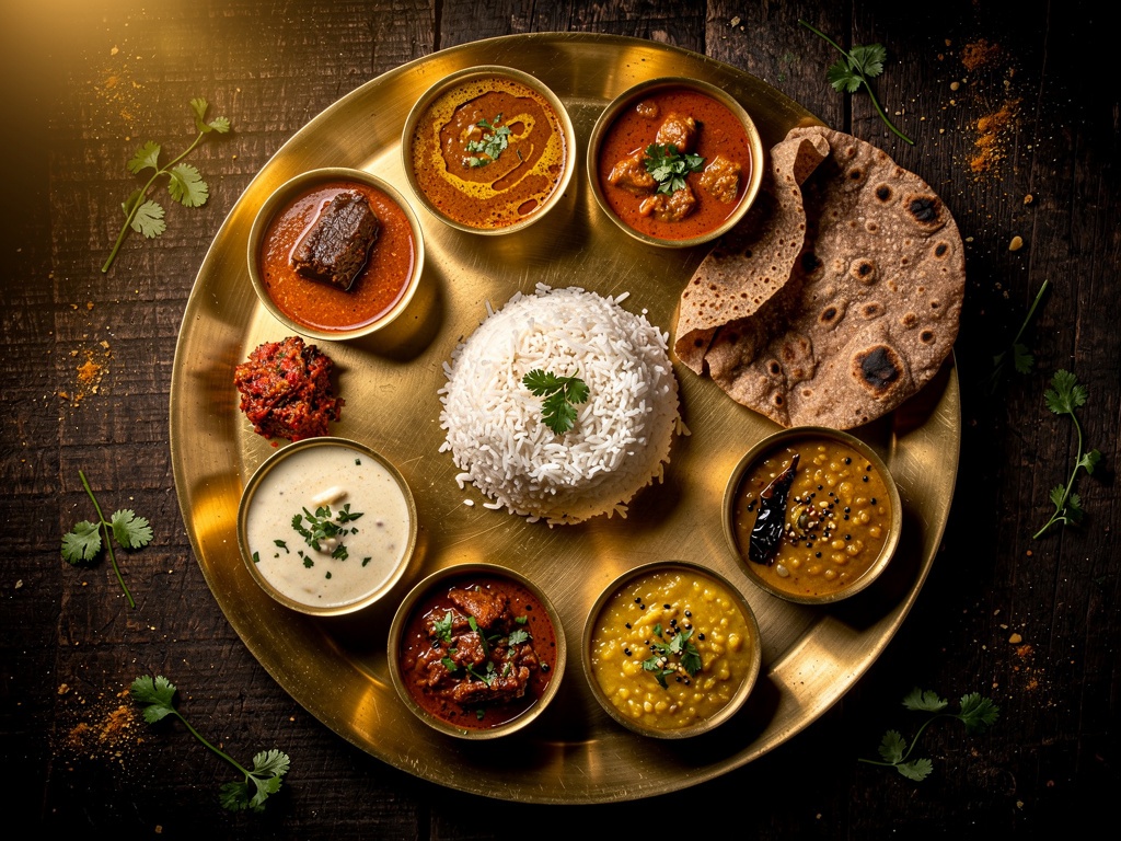 A full Kolhapuri thali on a brass plate