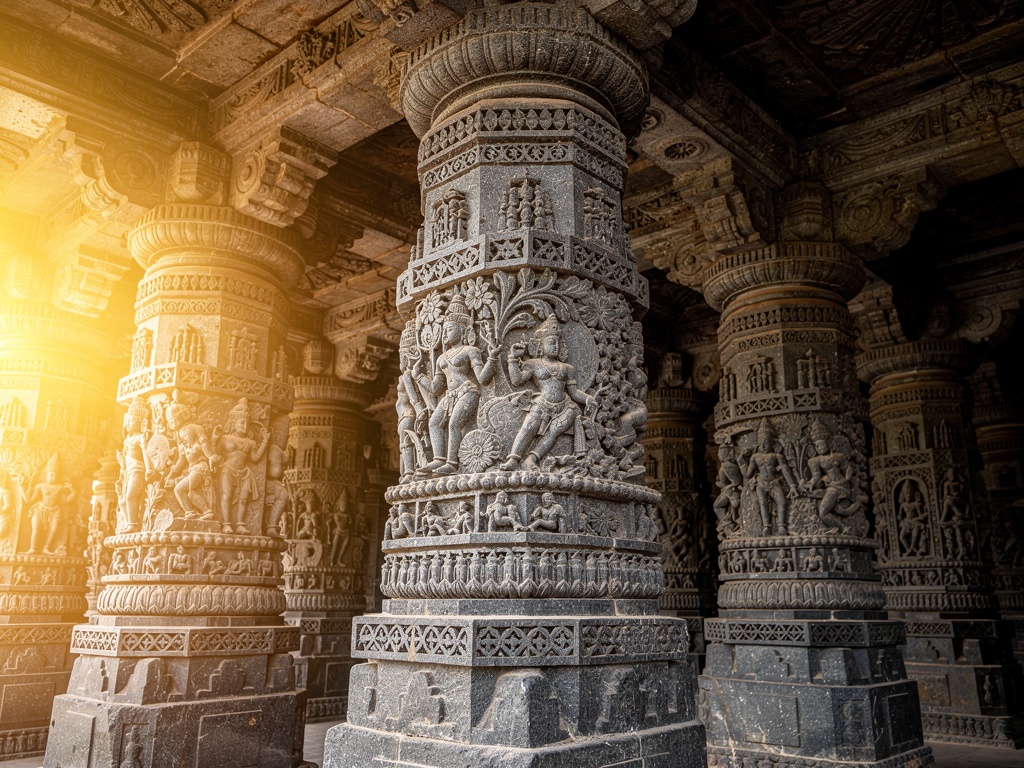 Intricately carved stone pillars inside Kopeshwar Temple