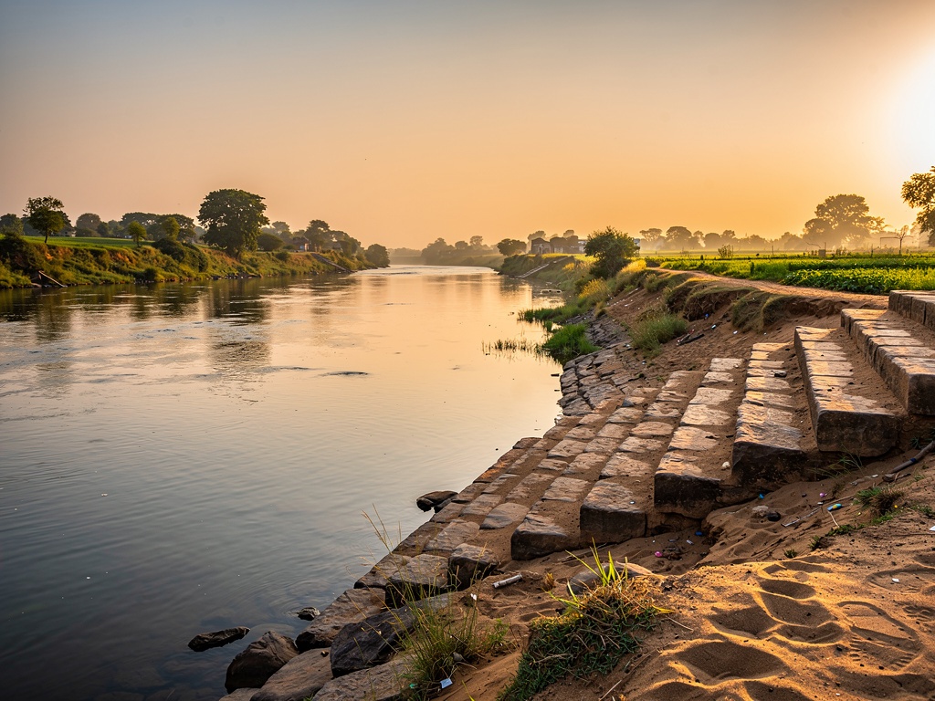 The Krishna river flowing past the temple ghat at Khidrapur