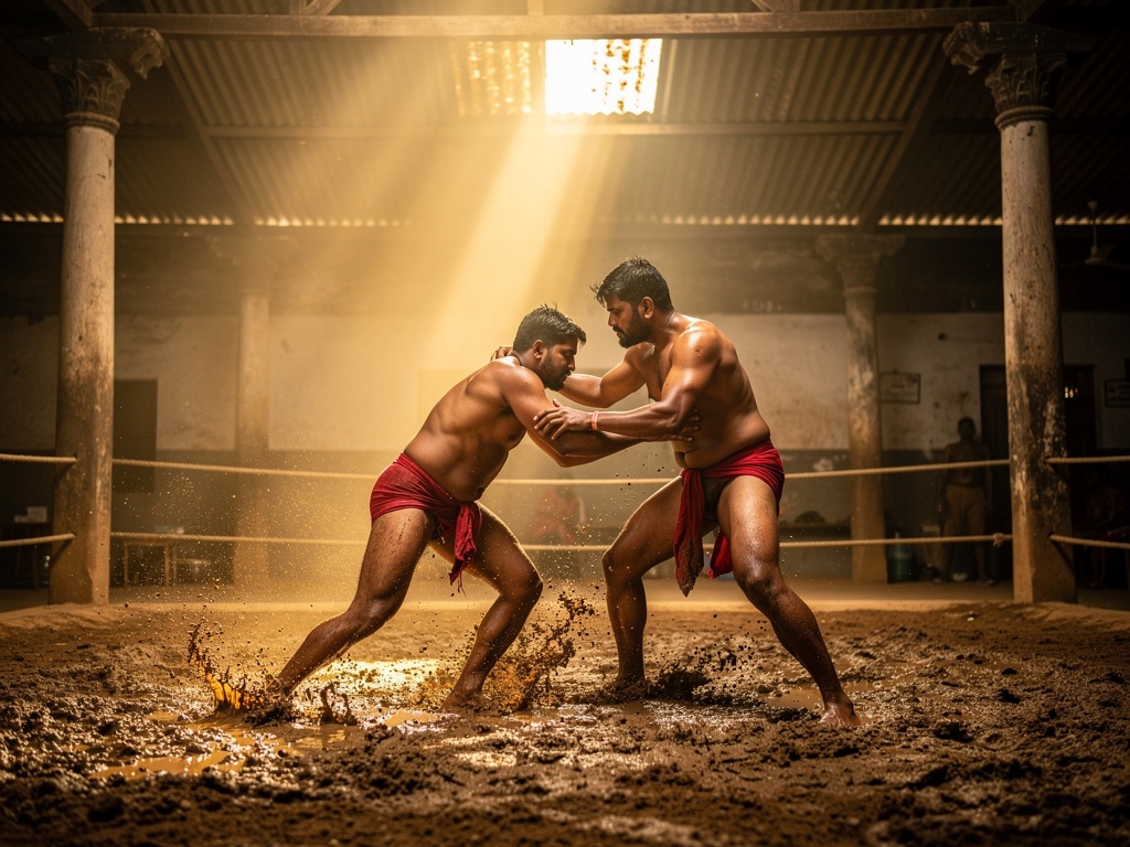 Kushti wrestlers training in the mud pit of a Kolhapur akhada