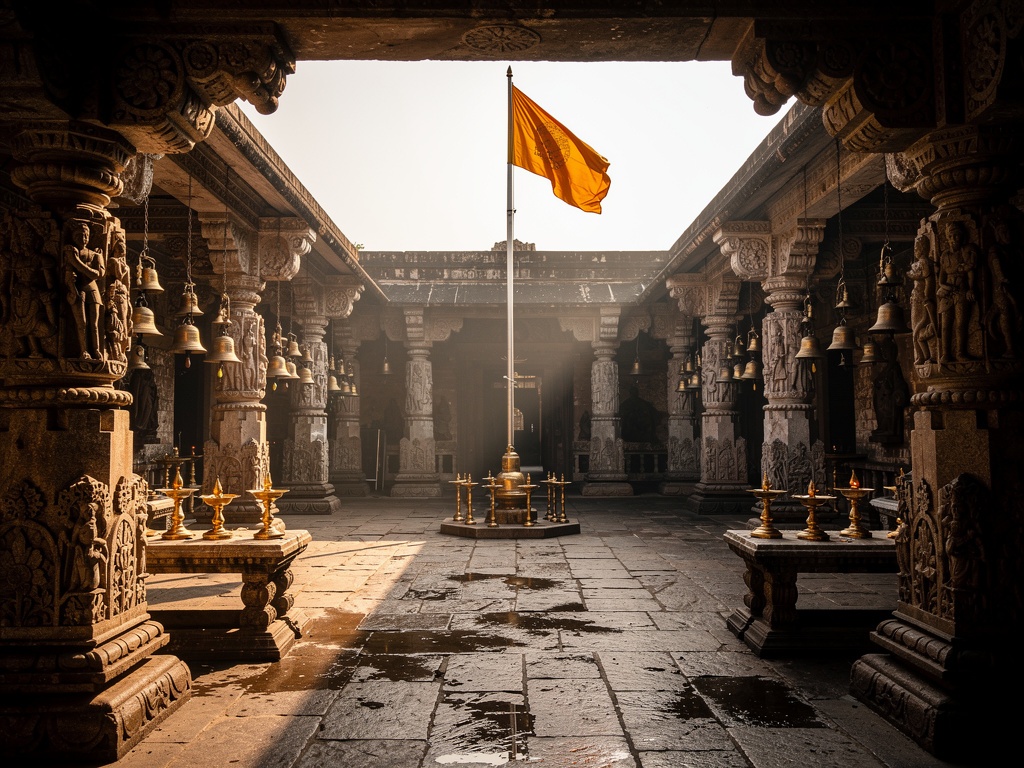 The carved stone courtyard of Mahalaxmi Temple with a saffron flag