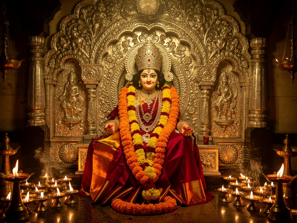 The silver-crowned idol of Goddess Mahalaxmi with garlands and lamps