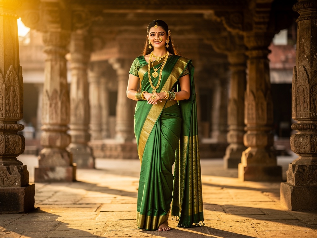 A young Maharashtrian woman in a nine-yard saree with traditional jewellery in a temple courtyard