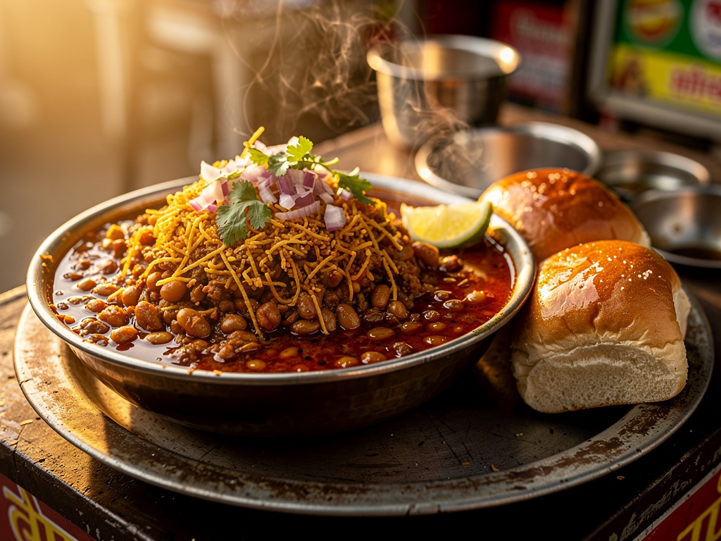 A bowl of Kolhapuri misal pav with farsan, onions and pav