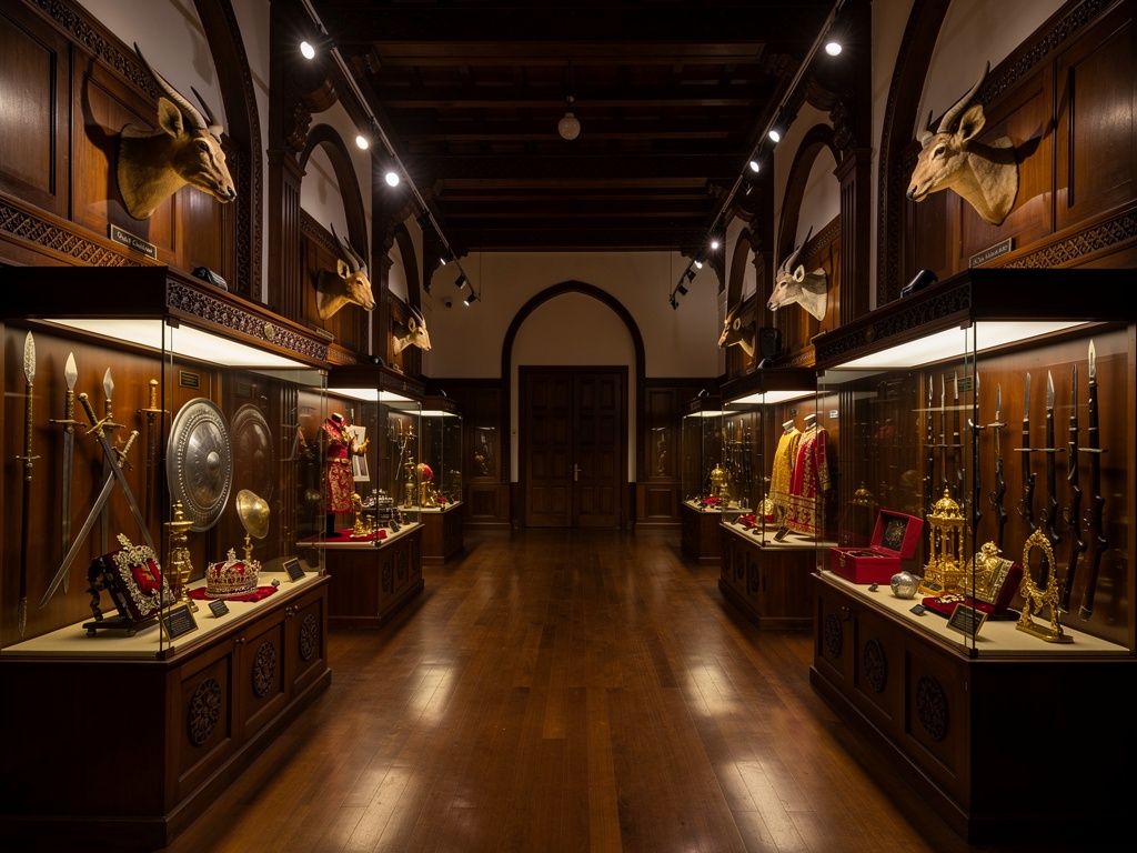 A museum gallery inside the New Palace with glass cases of artefacts
