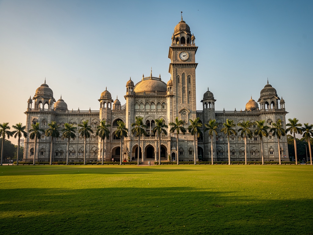 The grey-stone New Palace of Kolhapur with its clock tower and lawns