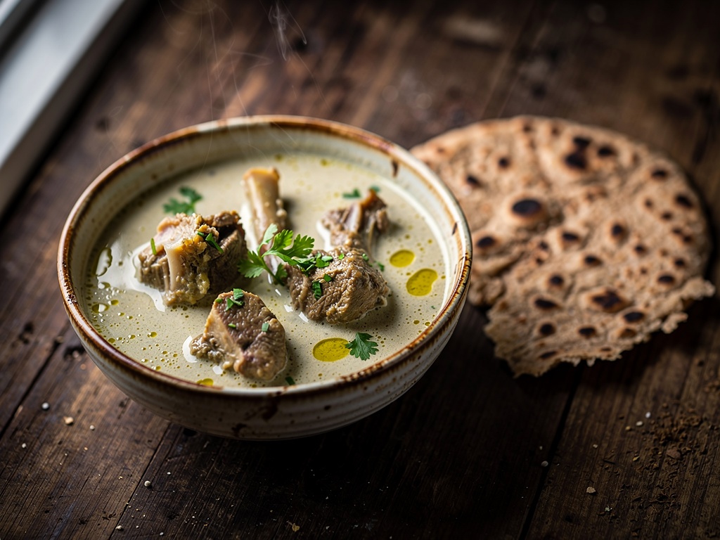A bowl of white Pandhara Rassa with bhakri