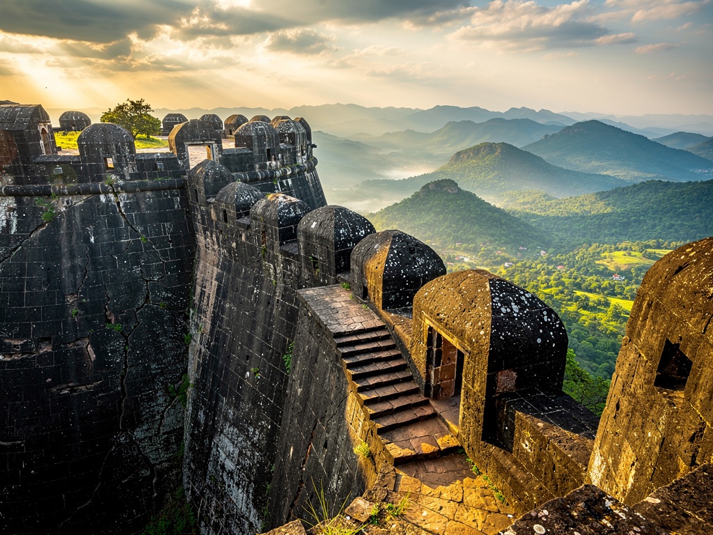 Massive basalt ramparts of Panhala Fort above the Sahyadri valleys