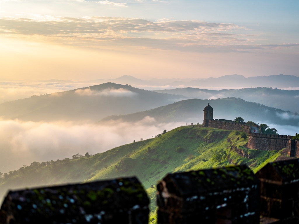 Misty Sahyadri ridges at sunrise seen from Panhala Fort
