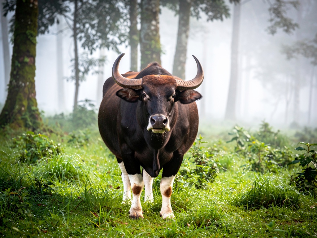 A gaur standing in the misty forest of Radhanagari Wildlife Sanctuary