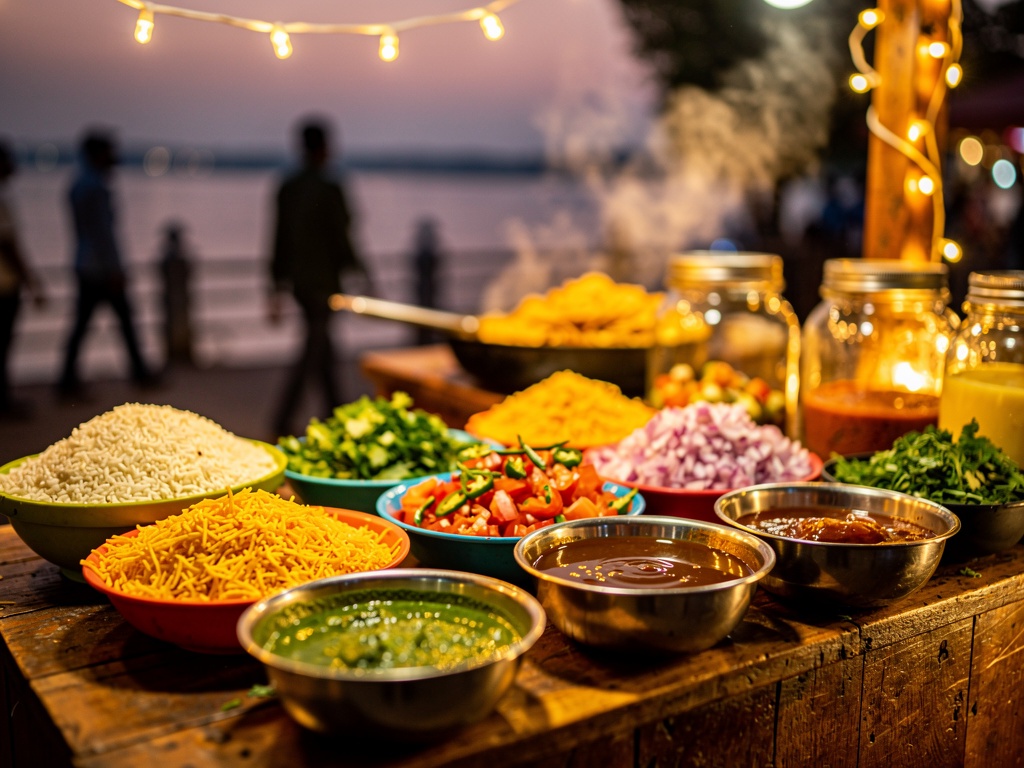 A chaat stall by Rankala Lake with bowls of bhel and chutneys