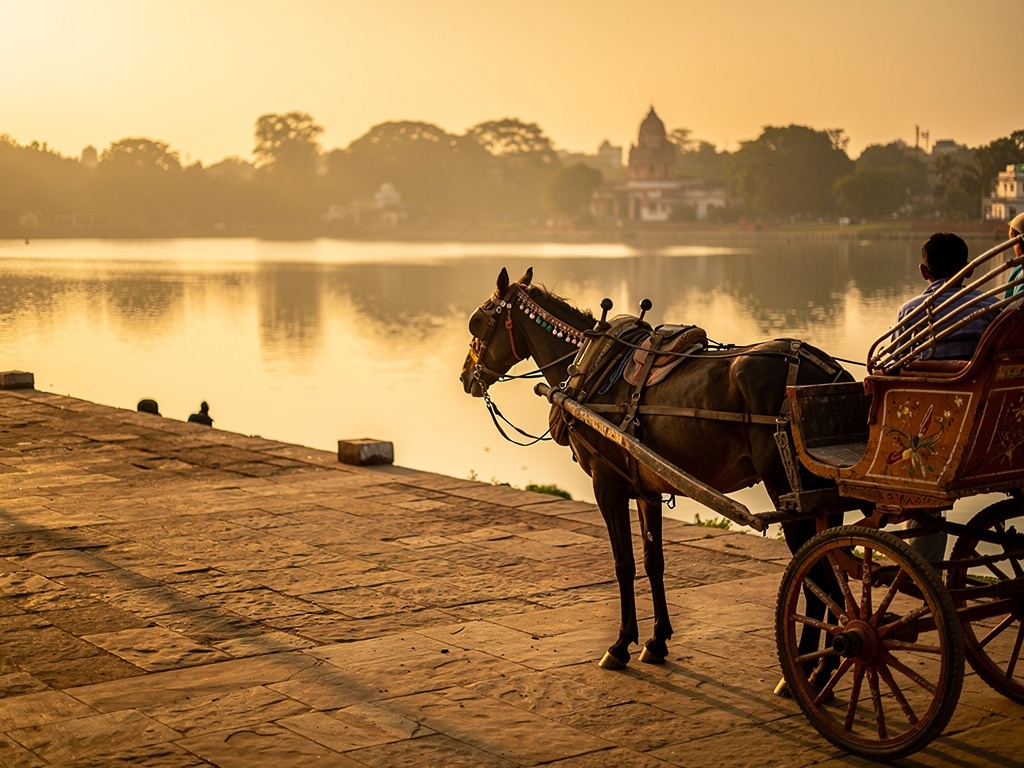 A horse-drawn carriage waiting by Rankala Lake at golden hour