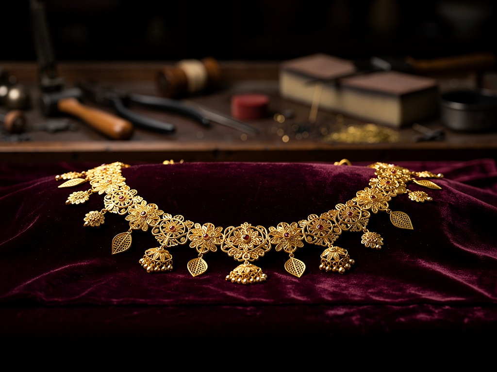 Delicate hand-beaten Kolhapuri saaj gold necklace on velvet