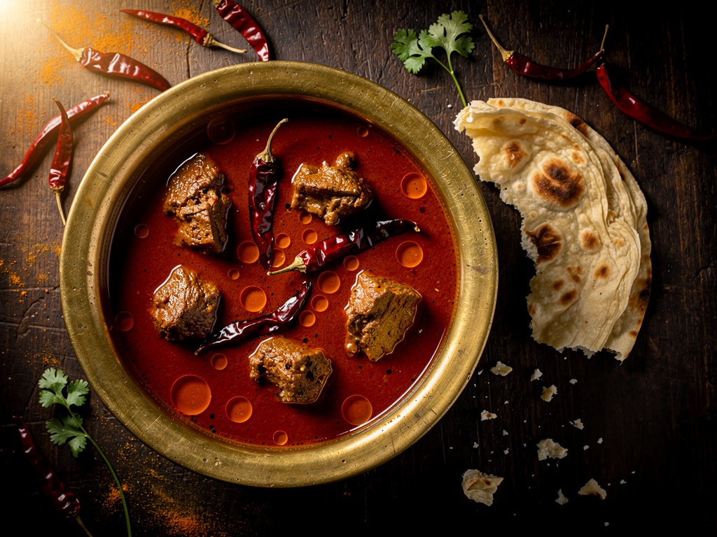 A bowl of fiery red Tambda Rassa with paratha